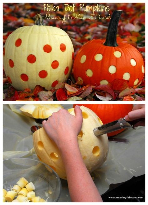 I am super psyched about the results of my two-toned polka dot pumpkins. I had the vision for these pumpkins a few years ago and never did them. That was before my blogging career. They’ve been in the back of my mind, but last year we did our Sesame Street pumpkins. I’m not sure where […] Unique Pumpkin Carving, Unique Pumpkin Carving Ideas, Pumpkin Idea, Pumpkin Cravings, Recetas Halloween, Polka Dot Pumpkin, Apple Core, Apple Corer, Pumpkin Carving Ideas