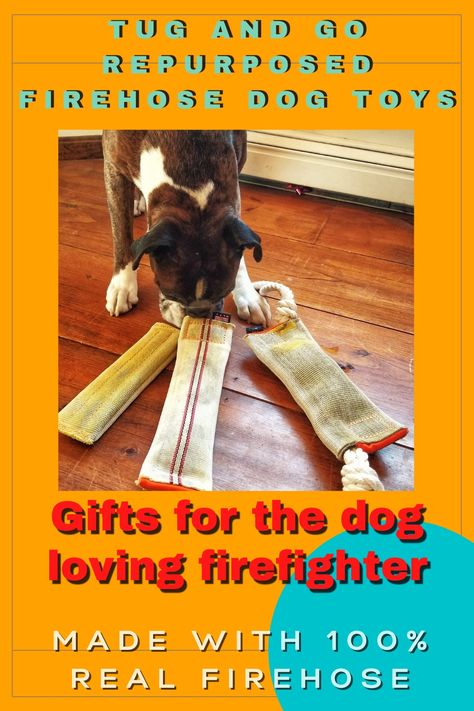 Tough and durable repurposed firehose dog toys designed for stimulating and interactive play. Tug And Go repurposed firehose dog toys are handcrafted and american-made by a working Boston firefighter utilizing 100% real decommissioned and decontaminated firehose. For those looking for a dog toy like no other this may be the toy for you. Tug And Go repurpose firehose dog toys (fire tested pet approved.) Interactive Play, Repurpose, Dog Toys, Dog Gifts, Firefighter, A Dog, Boston, Pet, Toys