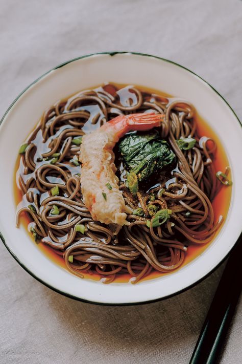 Toshikoshi Soba (New Year’s Soba) | House & Garden Cold Soba Recipe, Okinawa Soba Recipe, Soba Soup, Soba Recipe, Japanese Home Cooking, Tempura Prawns, Soba Salad, Toshikoshi Soba, Ramen Restaurant