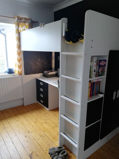 Smastad Loft Bed, Ikea Stuva Bed, Batman Themed Bedroom, Stuva Loft Bed, Kids Bed With Slide, Closet Inserts, Ikea Loft Bed, Ikea Stuva, Gymnastics Room