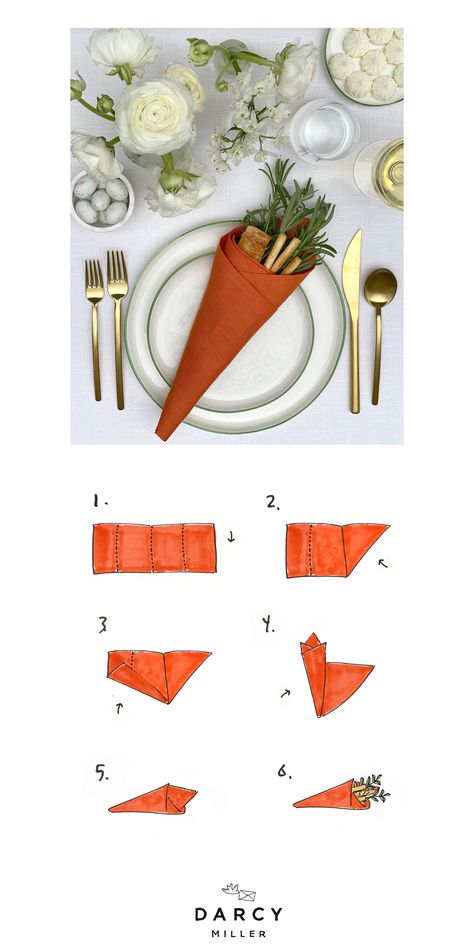 Set a spring table that’s garden-ready! Something as simple as folding your napkin in the shape of a carrot can make a table perfect for a weekend brunch, a garden party shower, or for getting the family together for Easter. #easter #carrotnapkin #napkinfolding #carrotfavor #tablescape #placesetting #foldednapkin #springtime Simple Table Settings Paper Napkins, Carrot Napkins Fold, Rabbit Napkin Folding, Napkins Folded Like Bunnies, Folding Napkins Into Bunnies, Easter Napkin Folding, Cloth Napkin Folding, Brunch Tablescape, Mothers Day Breakfast