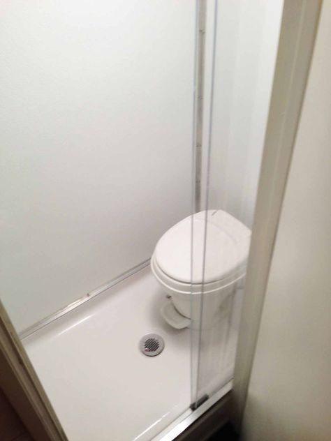 Cargo Conversion Shower/Toilet combo.  With Plexi-glass sliding shower door. Rv Shower Toilet Combo, Attic Ensuite, Toilet Shower Combo, Caravan Bathroom, Yurt Life, Houseboat Ideas, Tiny Campers, Race Trailer, Mini Bathroom