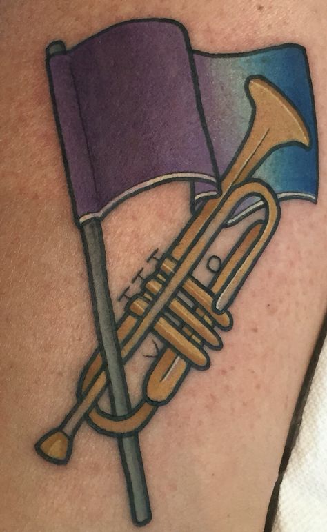 Color Guard and Trumpet Tattoo purple blue gold Color Guard Tattoos, Clarinet Tattoo, Trumpet Tattoo, Tattoo Ideas Males, Color Guard, Old School Tattoo, Snap Backs, Color Tattoo, Back Tattoo