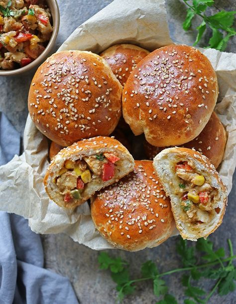 Bowl with Savory Peanut Chicken Stuffed Buns Stuffed Buns Recipe, Tailgate Food Ideas, Sausage Dip Recipe, Muhammara Recipe, Stuffed Buns, Chicken Buns, Onion Dip Recipe, Wings Recipe Buffalo, Queso Dip Recipes