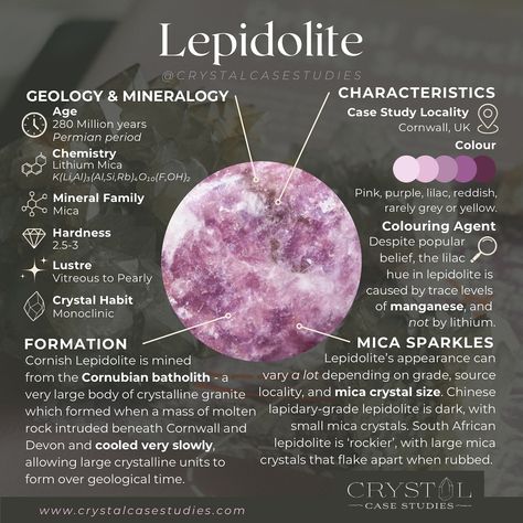 This Lepidolite Case Study is focused on📍Cornwall, UK! Cornish lepidolite is mined from the Cornubian batholith - a very large body of crystalline granite which formed when a mass of molten rock intruded beneath Cornwall 280 million years ago and cooled very slowly, allowing large crystalline units to form over geological time. Lepidolites appearance can vary *a lot* depending on grade, source locality, and the mica crystal size. Chinese lapidary grade lepidolite is dark, with small mica cr... Lepodite Crystal Meaning, Lepidolite Crystal Meaning, Lepidolite Meaning, Purple Mica Crystal Meaning, Crystal Lepidolite, Period Color, Lepidolite Crystals, Healing Journaling, Wire Wrapped Stone Jewelry