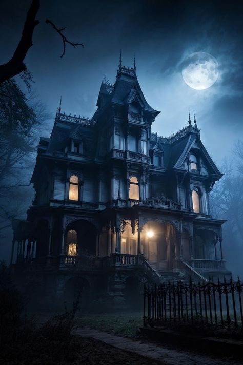 Eerie luminescence pervades an ancient Victorian mansion by FLUPPY FF - Playground Fall Mansion, Haunted Mansion Aesthetic, Gothic House Exterior, Halloween Screensavers, Creepy Mansion, Halloween Mansion, Haunted House Pictures, Academia Library, Dark Academia Library