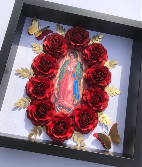 Virgencita Shadow Box Ideas, Dia De Los Muertos Decorations Ideas, Ribbon Flowers Bouquet, Shadow Box Gifts, Diy Shadow Box, Catholic Crafts, Personalised Gifts Diy, Custom Shadow Box, Gifts To Make