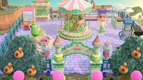 Acnh Island Park Ideas, Animal Crossing Fun Fair Ideas, Carnival Anch, Animal Crossing Theme Park Ideas, Animal Crossing Fair Ideas, Animal Crossing Island Area Ideas, Theme Park Animal Crossing, Carnival Area Animal Crossing, Acnh Amusement Park Path