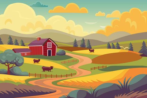 Rural landscape illustration for background. Farmhouse and barns, cows grazing through the fields. Traditional Graphic Design, Farm Mural, Farm Cartoon, Cows Grazing, Language Learning App, Farm Town, Cow Shed, Landscape Clipart, Cow Illustration