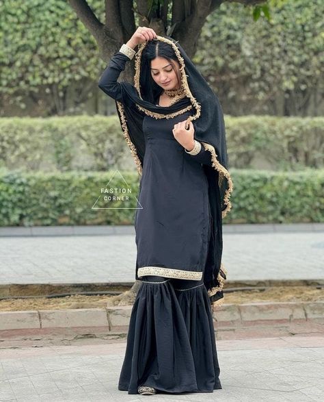 black Pakistani embroidered sharara with heavy kurti and dupatta, party wear dress, heavy black suit for eid,black dress for eid,eid gift by FASTIONCORNER on Etsy Black Suit Dupatta Combination, Pretty Suits, Black Sharara, Dress For Eid, Heavy Kurti, Simple Indian Suits, Suit Traditional, Embroidered Sharara, Party Wear Dress