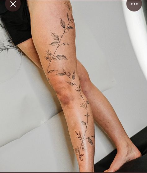 Up The Leg Tattoos, Poison Ivy Leg Tattoo, Line Work Leg Tattoos Women, Simple Full Leg Tattoo Female, Leg Leaf Wrap Tattoo, Leafy Vine Leg Tattoo, Vine Leg Tattoo Men, Vine Going Up Leg Tattoo, Leg And Ankle Tattoos For Women