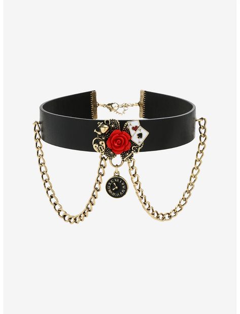 Alice In Wonderland Rose Close Chain Faux Leather Choker Alice And Wonderland Outfits, Alice In Wonderland Aesthetic Outfit, Alice In Wonderland Inspired Outfits, Cute Chokers, Hot Topic Clothes, Alice's Adventures In Wonderland, Heart Padlocks, Adventures In Wonderland, Leather Chokers