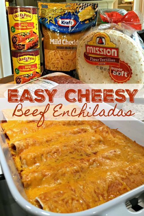 EASY CHEESY BEEF ENCHILADAS - Go-to family favorite for almost two decades. With just four ingredients and under an hour from start to finish, these cheesy, beefy, saucy enchiladas are a cinch to make, always a hit! Mexican Dinner Recipes Beef, Cheesy Beef Enchiladas, Enchiladas Potosinas, Enchiladas Easy, Enchiladas Rojas, Easy Enchilada Recipe, Tartiflette Recipe, Easy Beef Enchiladas, Cheesy Enchiladas