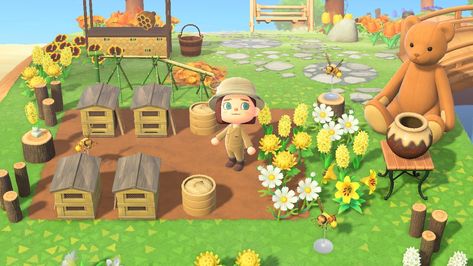 Animal Crossing Bee Farm, Acnh Bee Farm, Acnh Beekeeper Area, Bear Animal Crossing, Cookie Run Kingdom Ideas, Kingdom Ideas, Animal Crossing Paths, Acnh Villagers, Core Ideas