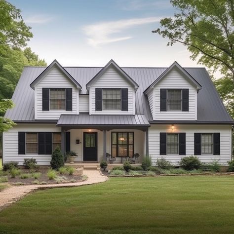 Grey House Metal Roof, White House Black Trim Metal Roof, Black White And Grey Exterior House, White House With Charcoal Metal Roof, Black White And Grey House Exterior, White House With Grey Roof, Dark Grey Metal Roof, Black Metal Roof Houses, White House Black Shutters Farmhouse