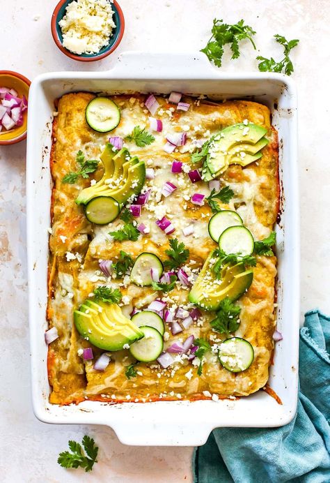 Corn and Zucchini Enchiladas Enchiladas Vegetarian, Enchiladas With Black Beans, Corn And Zucchini, Zucchini Enchiladas, Cheesy Enchiladas, Enchilada Ingredients, Vegetarian Enchiladas, Green Chiles, Enchilada Recipes