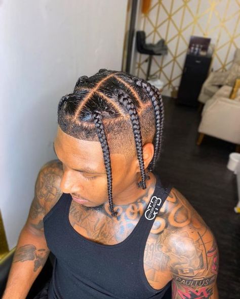 Plaits Men Hairstyle, Braid Hairstyle For Men, Large Box Braids Men, 8 Box Braids, Jumbo Box Braids Men, Braids With Fade Men, Braid Styles For Men With Fade, Guy Braids, Boy Box Braids