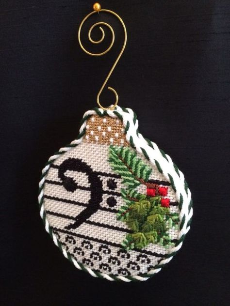 Music Christmas Ornaments, Needlepoint Finishing, Needlepoint Christmas Ornaments, Music Christmas, Music Ornaments, Cross Stitch Tutorial, Needlepoint Stockings, Bass Clef, Needlepoint Ornaments