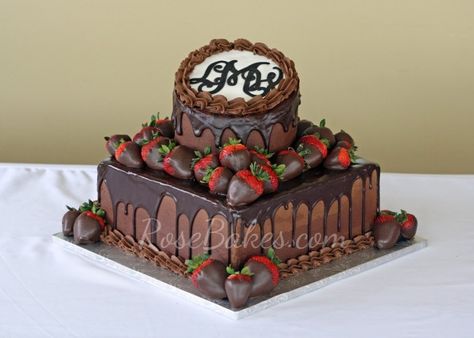 Chocolate Groom's Cake with Monogram, Ganache, Strawberries Wedding Cakes Square, Cakes Square, Chocolate Grooms Cake, Strawberry Wedding Cakes, Wedding Cakes Ideas, 40 Birthday, S Cake, Square Wedding Cakes, Dipped Strawberries