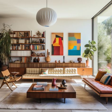 Mid Century Modern Architectural Digest, Modern Midcentury Home Living Room, Mid Century Modern Living Room Apartment Interior Design, Mid Century Living Room Designs, Midcentury Modern Apartment Living Room, Modern Danish Interior, Midcentury Modern Victorian, Midcentury Living Room Design, Mid Century Modern Palette