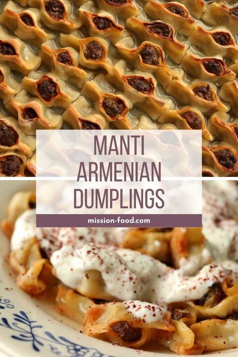 These homemade baked Manti (Sini Manti) are traditional Armenian dumplings. They feature a savory beef filling, and a luscious yogurt-garlic sauce. While some recipes differ, using lamb instead of beef, this is my family's beloved version. It's by far the best I've ever had on two continents and well worth the effort! Turkish Manti Recipes, Manti Armenian, Turkish Delight Recipes, Armenian Manti Recipe, Turkish Dumplings, Manti Turkish, Manti Recipe, Adana Kebab Recipe, Delight Recipes