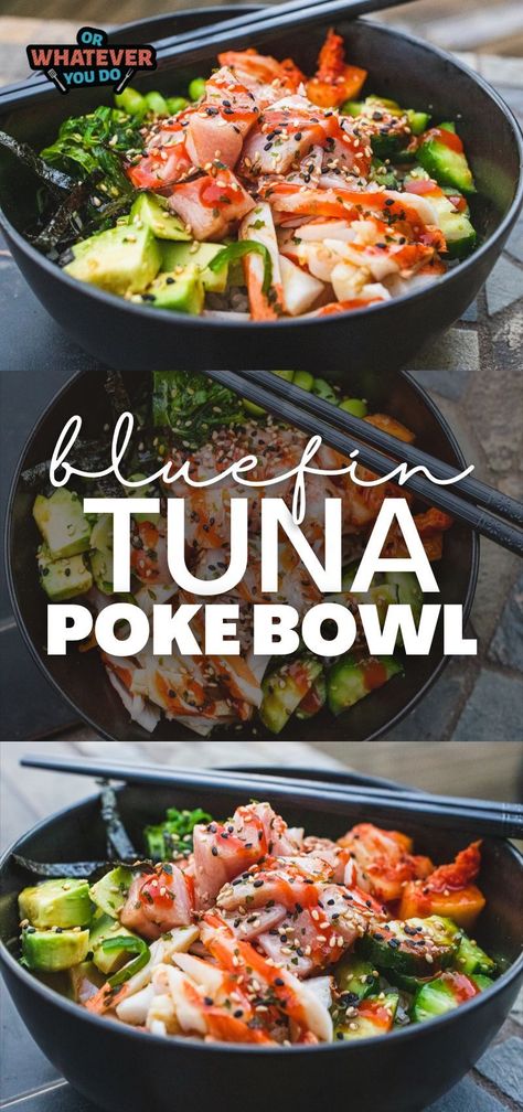 Yellowtail Poke Recipe, Bluefin Tuna Recipe, Tuna Poke Recipe, Tuna Poke Bowl Recipe, Blue Fin Tuna, Tuna Rice, Grilled Lobster Tail, Poke Recipe, Tuna Poke Bowl