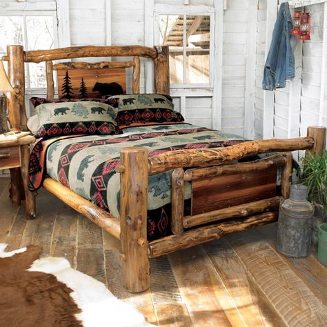 Aspen Creek Log Bear Bed - A metal art black bear scene on the headboard is the focal point of the eco-friendly Aspen Creek Log Bear Bed and matching nightstand... Log Bed Frame, Wood Furniture Bedroom Decor, Mountain Cabin Decor, Western Things, Rustic Bed Frame, Bear Bed, Rustic Bedroom Furniture, Log Bed, Rustic Headboard