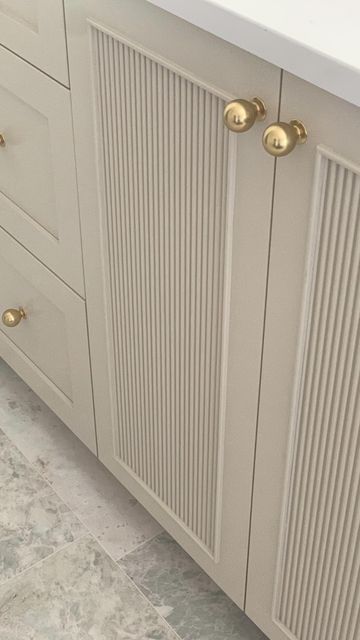 Fluted Vanity Cabinet, Reeded Cabinets Kitchen, Fluted Built In Cabinets, Spanish Style Bathroom Ideas, Fluted Cabinet Kitchen, Reeded Cabinet Door, Reeded Kitchen Cabinets, Fluted Kitchen Cabinets, Fluted Cabinet Door