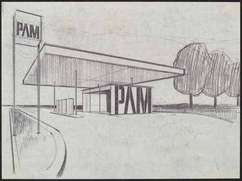 Gas Station Sketch, Gas Station Drawing, Mcm Illustration, Architectural Trees, Character Background, Drafting Drawing, Independent Study, Dutch Art, Modernist Architecture