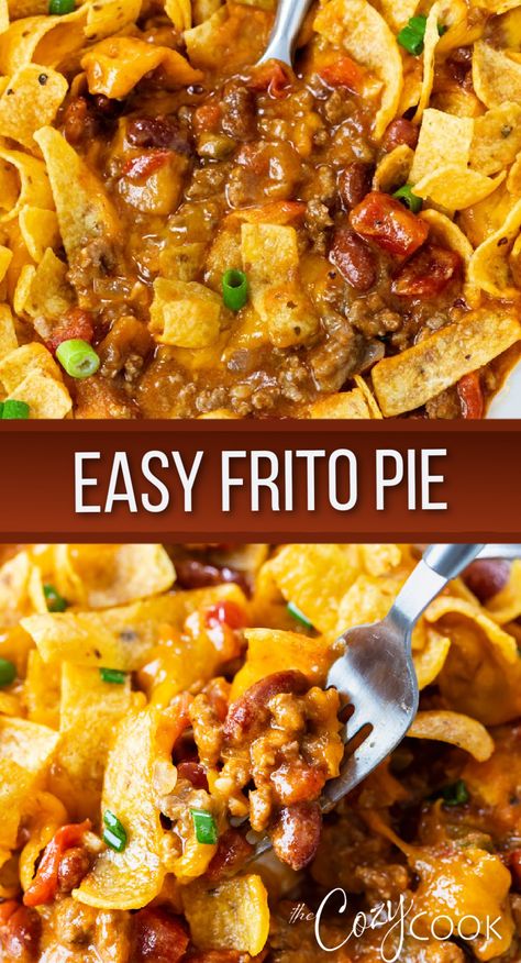 Frito pie with chili, and Fritos Frito Bake Recipes, Frito Ground Beef Casserole, Chili With Fritos, Chilli Frito Pie Recipe, Fritos And Chili, Frito Pie Recipe Casseroles, Frito Pie With Canned Chili, Casarolls Recipes Easy, Chili Cheese Frito Pie