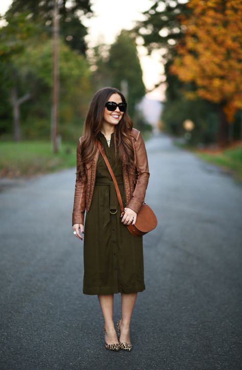 olive shirtdress leopard pumps cognac leather jacket Fall Dress With Jacket, Olive Dress Outfit Fall, Brown Leather Jacket With Dress, Cognac Leather Jacket Outfit, Jacket On Dress, Fall Dress Styles, Jackets Over Dresses, Olive Dress Outfit, Fall Dress Ideas