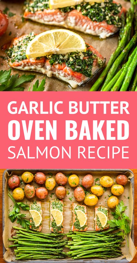 Oven Baked Salmon with Asparagus and Potatoes -- this parsley and garlic-rubbed oven baked salmon recipe is sure to become your new favorite... Makes a main dish + 2 sides with just one pan to clean up! | salmon and asparagus | baked salmon and asparagus | salmon and asparagus recipe | one pan salmon and asparagus | how long to bake salmon in oven #salmonrecipes #bakedsalmon #salmon #asparagus Bake Salmon In Oven, Baked Salmon With Asparagus, One Pan Salmon, Asparagus And Potatoes, Oven Baked Salmon Recipes, Salmon With Asparagus, Baked Salmon And Asparagus, Oven Salmon, Pan Salmon