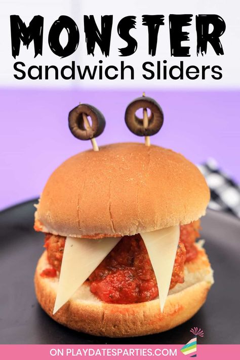 Monster Meatball Sliders, Halloween Meatball Sliders, Monster Food Ideas, Halloween Dinners For Kids, Halloween Sliders, Monster Sandwiches, Halloween Themed Food Dinner, Halloween Meatballs, Monster Party Food