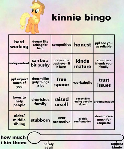 Mlp Kinnie Bingo, Character Bingo, Kin Bingo, Kinnie List, Fun Templates, Kinnie Bingo, Happy Emotions, Bingo Template, Apple Jack