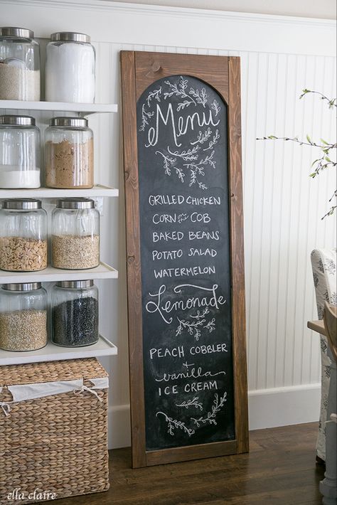 DIY Menu Chalkboard - Ella Claire Chalkboard Pantry Doors, Free Standing Kitchen Pantry, Diy Farmhouse Kitchen Decor, Small Kitchen Pantry, Chalkboard Door, Chalkboard Stand, Diy Menu, Kitchen Chalkboard, Kitchen Design Diy