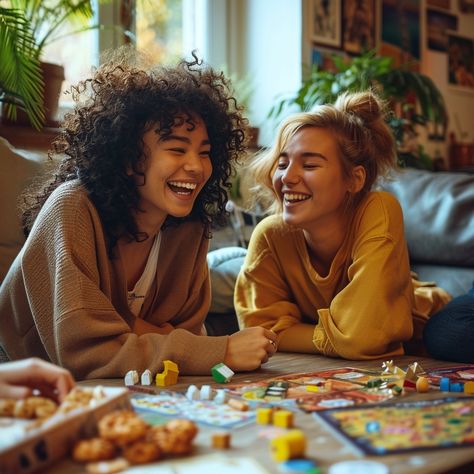 Joyful Boardgame Play: Two friends share a joyful moment playing a board game in a cozy living room setting. #friends #laughter #boardgame #cozy #living room #aiart #aiphoto #stockcake ⬇️ Download and 📝 Prompt 👉 https://ayr.app/l/4XWi Joy Game, Board Games With Friends, Boardgame Photoshoot, Gaming Editorial, Cozy Living Room Photoshoot, Board Games Photoshoot, Game Night Photoshoot, Board Game Photoshoot, People Playing Board Games