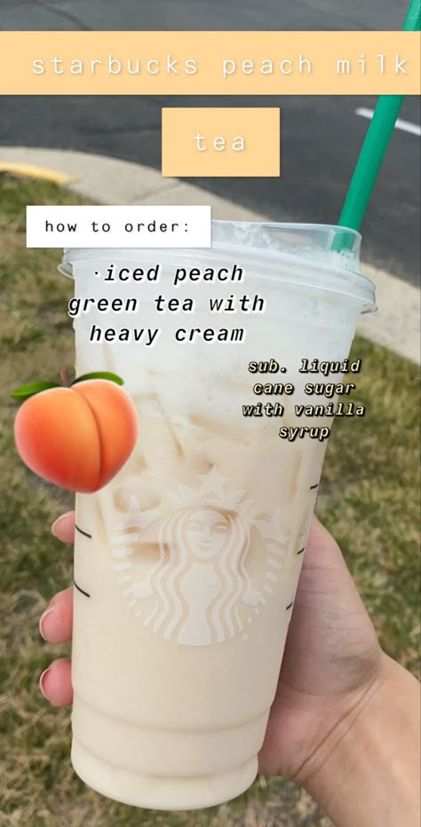 Starbucks Iced Peach Green Tea, Iced Peach Green Tea, Resep Starbuck, Menu Starbucks, Starbucks Drink Ideas, Starbucks Ideas, Starbucks Secret Menu Recipes, Peach Milk, Peach Green Tea