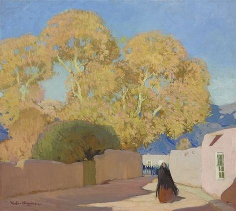 'Canyon Drive, Santa Fe', by William Victor Higgins http://www.artexpertswebsite.com/pages/artists/higgins.php Victor Higgins, Famous Landscape Paintings, Taos Art, American Realism, American Landscape, Western Artist, Southwestern Art, Mexico Art, Art Landscapes