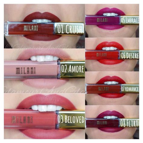 Milani Amore Matte Lip Cream Lipgloss Swatches, Matte Lipgloss, Milani Cosmetics, Makeup Hacks, Lipstick Swatches, Makeup To Buy, Makeup Swatches, Glam Nails, Bag Makeup