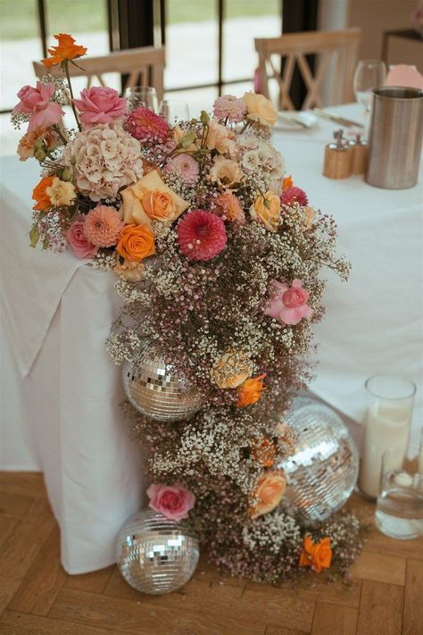 Pink And Orange Wedding, Disco Ball Decorations, Retro Wedding Theme, Flower Cloud, Wedding Sunglasses, Orange Wedding Flowers, Disco Theme, Pear Tree, Ball Decorations