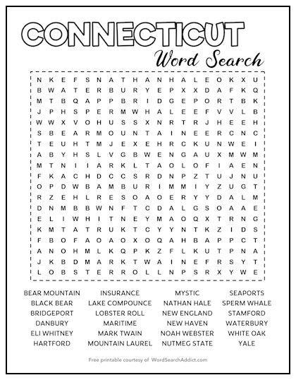 Our Connecticut word search puzzle features all the best-known things about The Constitution State! Download this FREE printable for you or your students for a great way to expand vocabulary and learn a little more about this New England state. From Bear Mountain to Noah Webster, this puzzle has it all! Make Your Own Word Search Free Printable, Free Printable Word Searches For Adults, Word Search Free Printable, Challenging Word Search Free Printable, Large Print Word Search, Noah Webster, Word Search Book, Expand Vocabulary, Word Search Puzzles Printables