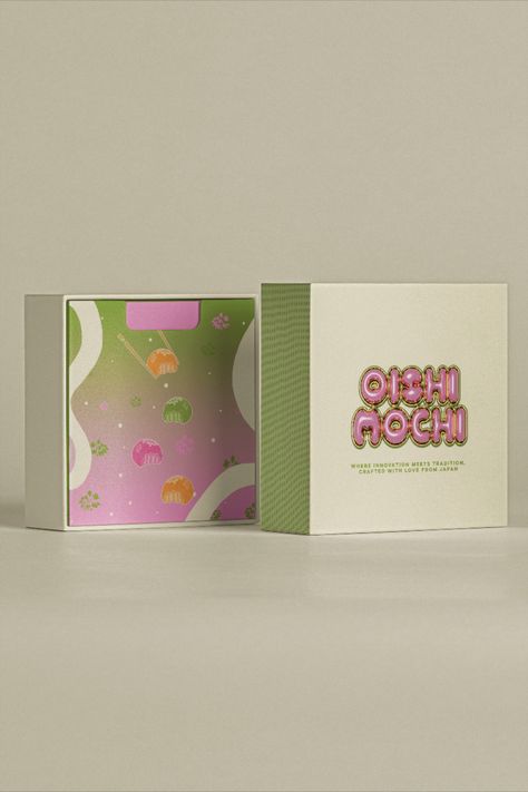 Branding and packaging design for Oishi Mochi brand brief from TheBriefDiary Mochi Packaging Ideas, Mochi Packaging Design, Mochi Brand, Mochi Packaging, Brand Brief, Butter Mochi, Packing Ideas, Baby Blue Aesthetic, Graphic Design Packaging