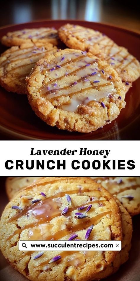 These deliciously crunchy Lavender Honey Crunch Cookies are infused with soothing lavender and the natural sweetness of honey, making them a perfect treat for tea time or a special occasion. Healthy Lavender Recipes, Honey Lavender Truffles, Honey Lavender Cookies, Lavender Honey Recipe, Recipes With Lavender Buds, Tea Baked Goods, Lavender Infused Honey, Herbal Cookie Recipes, Herbal Baking