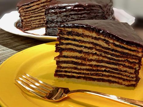 A 10-layer yellow cake with a rich, moist, almost pound cake-line texture between layers of chocolate glaze with the texture of caramel sauce. Just heaven! https://glutenfreerecipebox.com/gluten-free-smith-island-cake-10-layer-cake/ #glutenfree #smithislandcake #10layercake #glutenfreecake #glutenfreerecipes #dairyfree #allergenfree #eggfree #vegan #yellowcake #chocolate Smith Island Cake Recipe, Island Cake Recipe, Smith Island Cake, Island Cake, Strawberry Buttercream, Chocolate Layer Cake, Freeze Dried Strawberries, Dried Strawberries, Moist Cakes