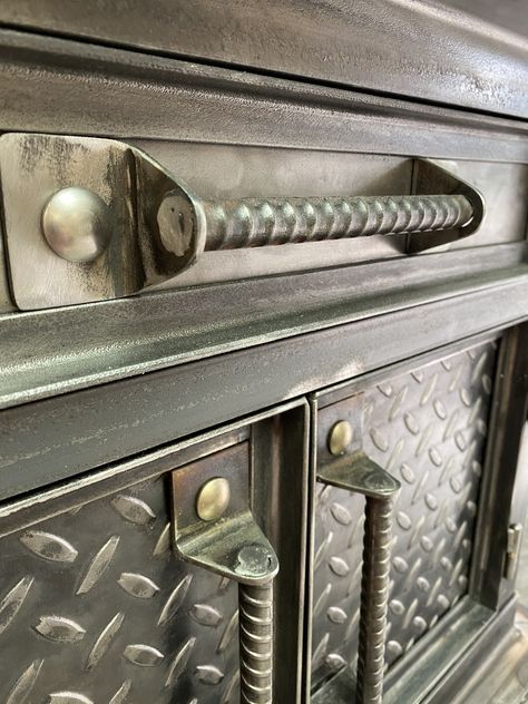 Aluminum Welding Projects, Custom Welding Beds, Welded Furniture Modern Industrial Furniture, Welding Furniture, Industrial Style Bedside Table, Railroad Spike Cabinet Handles, Vintage Industrial Steel Cabinets, Steampunk Diy Crafts, Metal Apothecary Cabinet Vintage Industrial