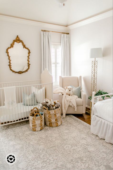 White Iron Crib Nursery, Daybed And Nursery Combo, Guest Room White Bedding, Rugs On Carpet Nursery, Nursery With Carpet And Rug, Nursery With Full Size Bed, White Metal Crib Nursery, Nursery With Twin Bed And Crib, Small Nursery With Guest Bed