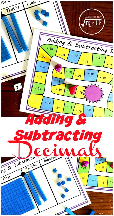 Grab this free adding and subtracting decimal game to allow children more practice at adding and subtracting decimals using base ten blocks. Decimal Games, Adding And Subtracting Decimals, Division Math Games, Decimals Addition, Teaching Decimals, Decimals Activity, Adding Decimals, Subtracting Decimals, Math Decimals