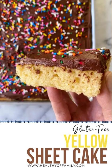 gluten free yellow sheet cake with chocolate frosting #glutenfreerecipes www.healthygffamily.com Gluten Free Yellow Cake Recipe, Yellow Sheet Cake, Gluten Free Yellow Cake, Vanilla Sheet Cakes, Cake With Chocolate Frosting, Gluten Free Cake Recipe, Yellow Cake Recipe, Delicious Deserts, Aip Diet