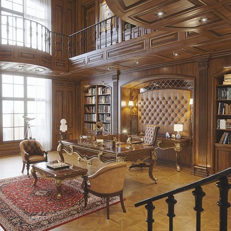 Old English Office Interior Design, Royal Office Interior, Royal Office Room, Royal Office Aesthetic, Old Money Office Aesthetic, Old Office Aesthetic, Fancy Home Office, Classic Office Design Luxury, Executive Desk Design