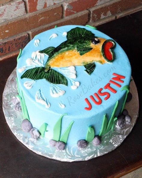 Bass Fishing Cake Bass Fishing Cake, Fishing Cake Ideas, Bass Cake, Bass Fish Cake, Fish Cake Birthday, Fishing Cake Topper, Fishing Cake, New Birthday Cake, Fish Dinner